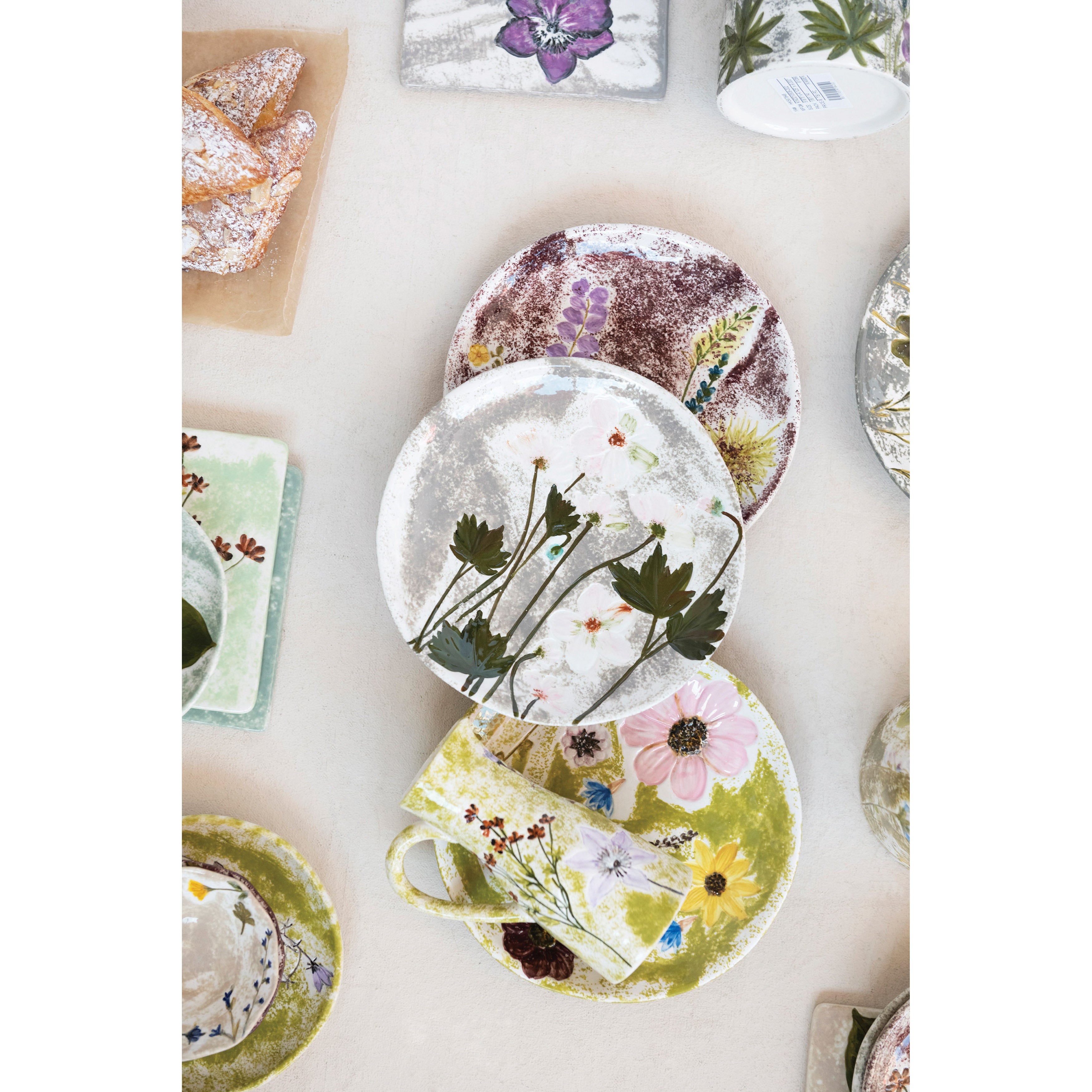 Hand-Painted Round Stoneware Plate w/Debossed Florals