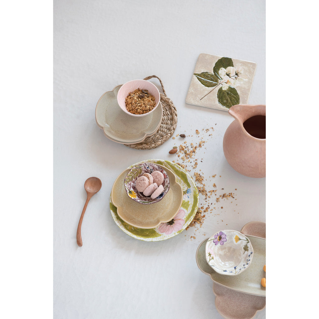 Hand-Painted Round Stoneware Plate w/Debossed Florals