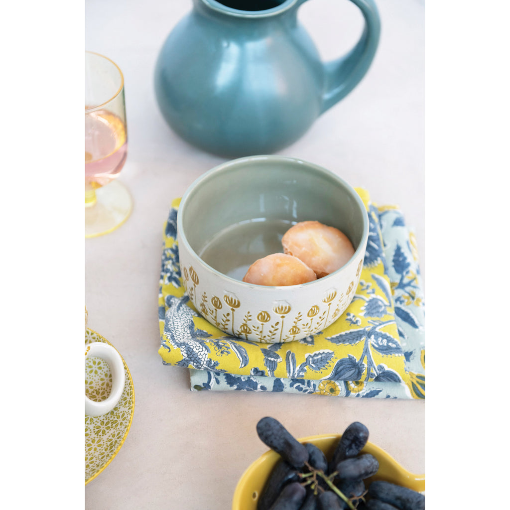 Stoneware Canister w/Lid & Debased Floral Pattern