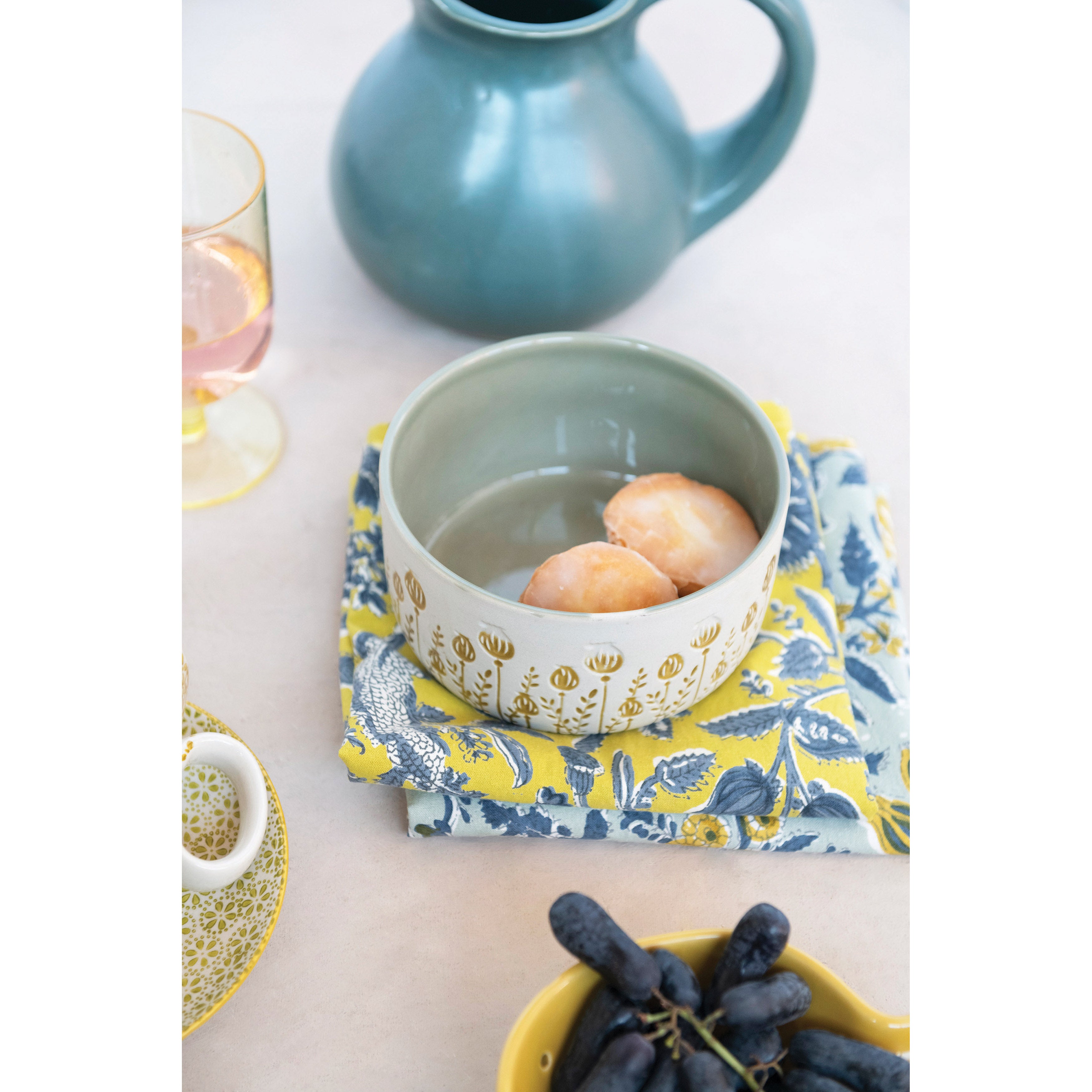 Stoneware Canister w/Lid & Debased Floral Pattern