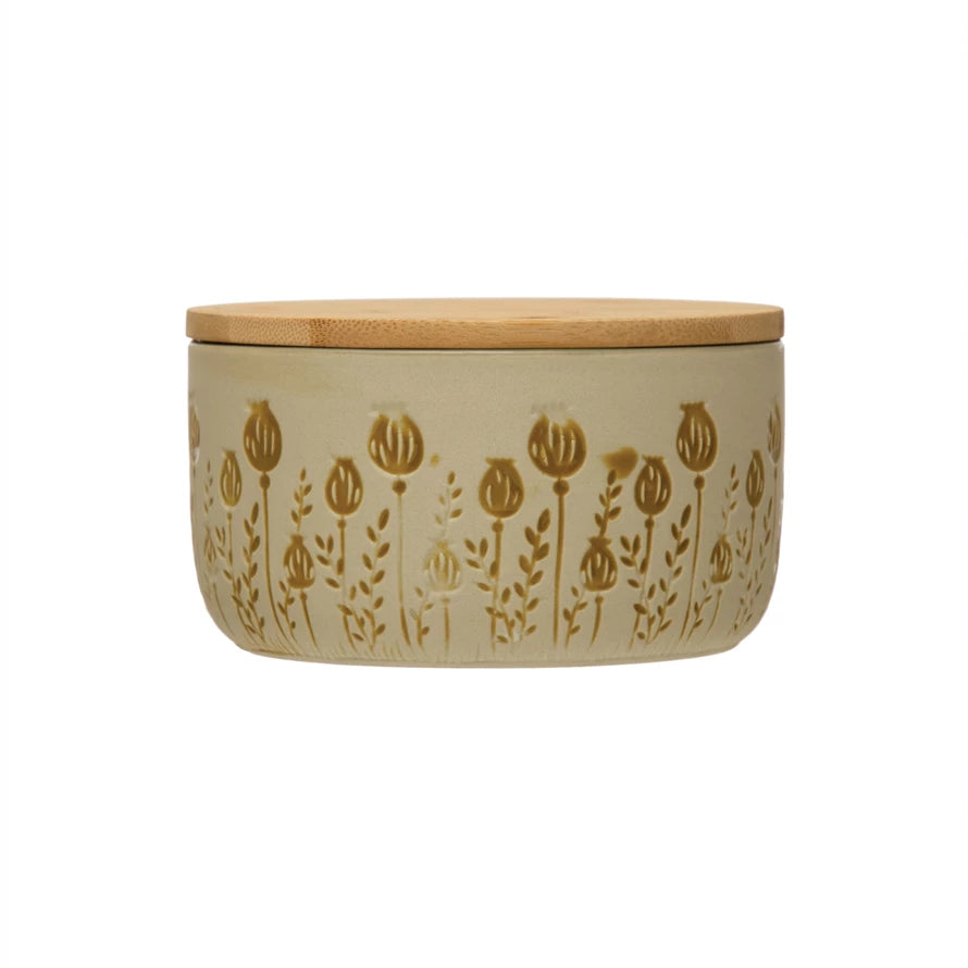 Stoneware Canister w/Lid & Debased Floral Pattern
