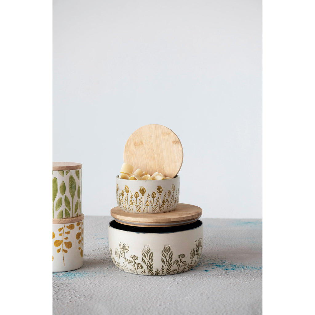 Stoneware Canister w/Lid & Debased Floral Pattern