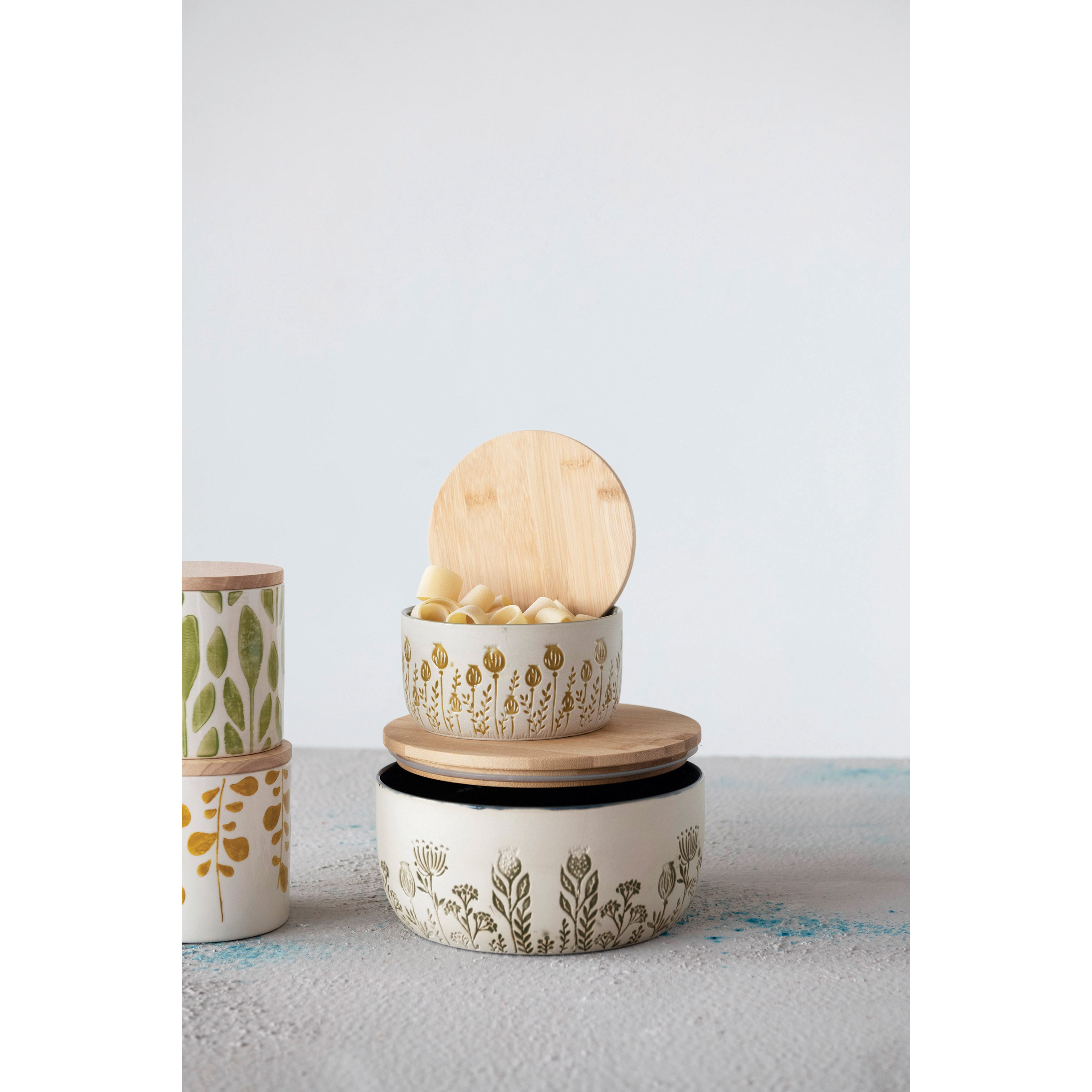 Stoneware Canister w/Lid & Debased Floral Pattern