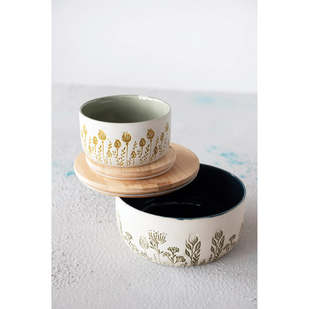 Stoneware Canister w/Lid & Debased Floral Pattern