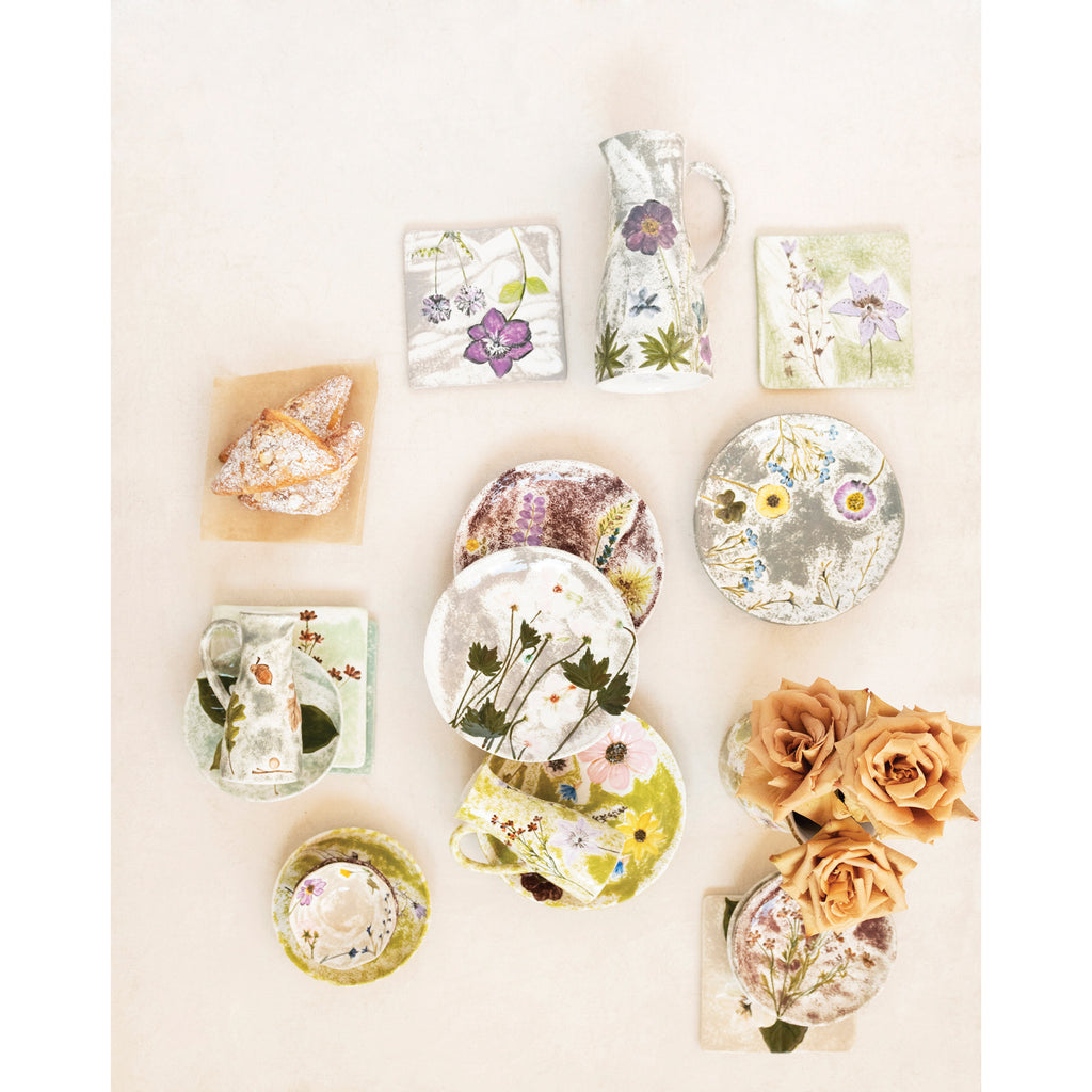 Hand-Painted Round Stoneware Plate w/Debossed Florals