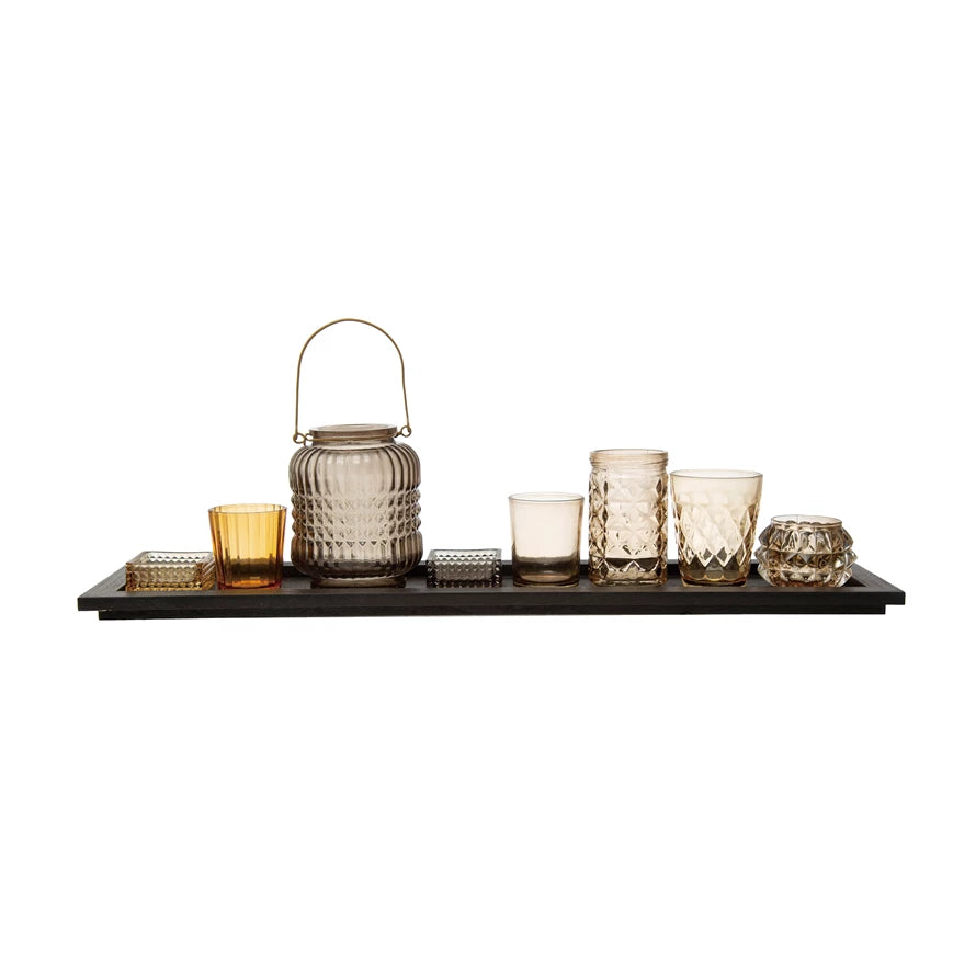 Embossed Glass Tealight/Votive Holders w/Black Finish Wood Tray