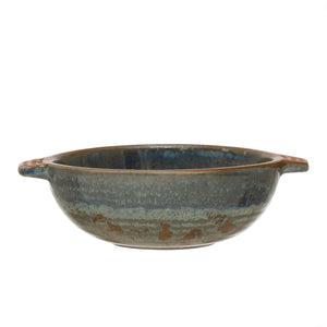 Blue Stoneware Bowl w/Handles & Brown Rim