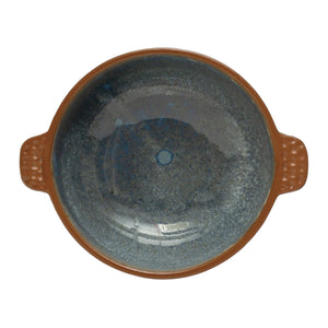 Blue Stoneware Bowl w/Handles & Brown Rim