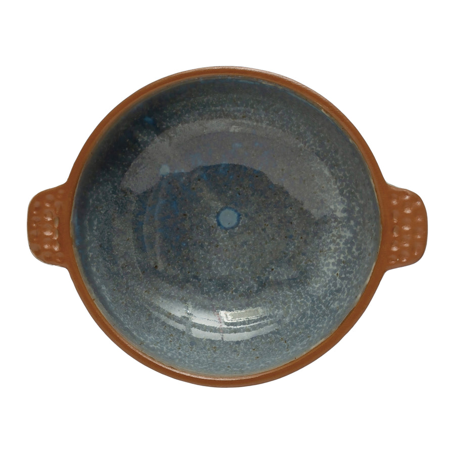 Blue Stoneware Bowl w/Handles & Brown Rim
