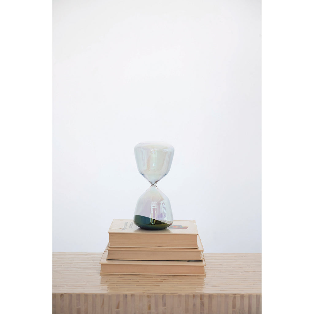 Iridescent Glass Hourglass w/Black Sand