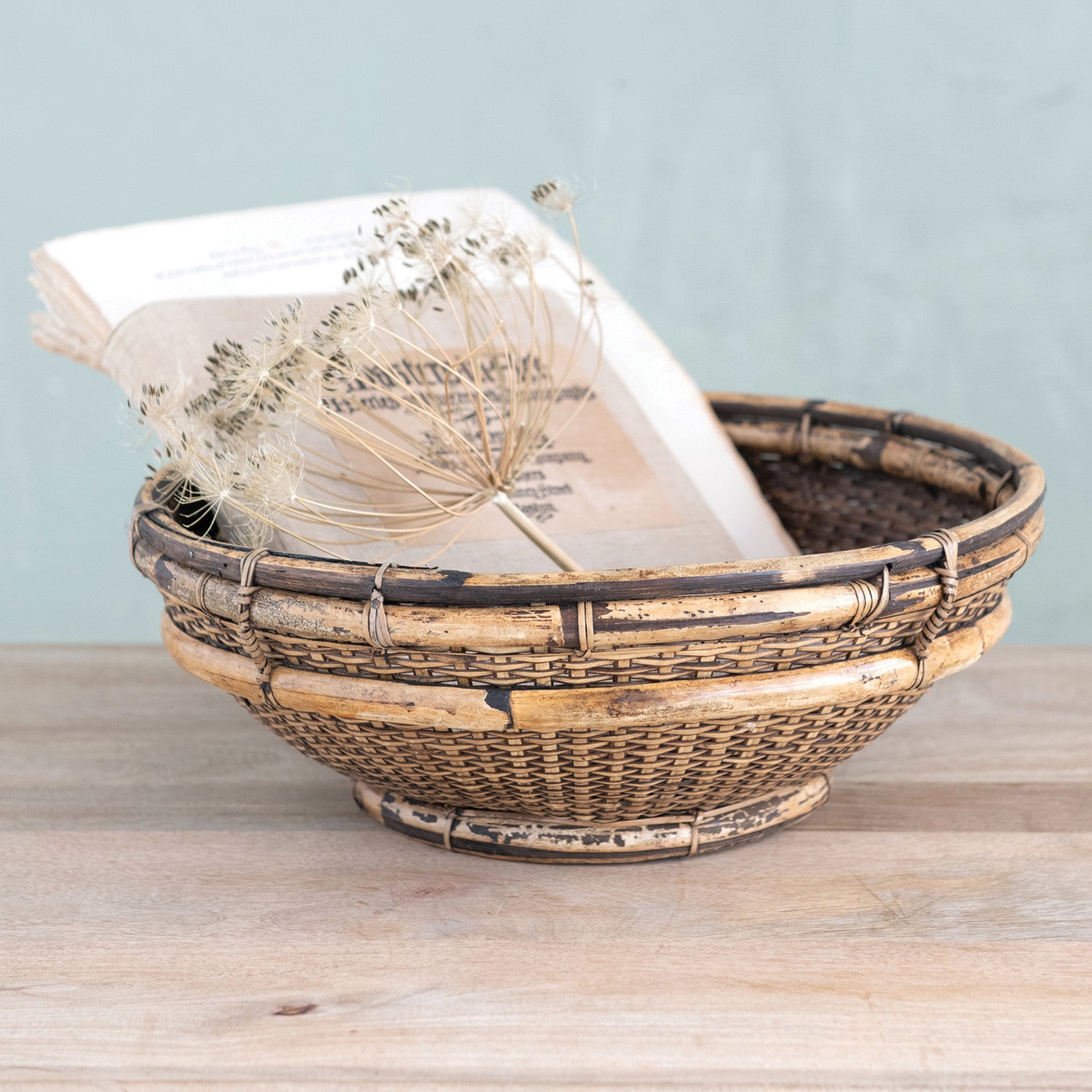 Hand-Woven Vintage Look Bamboo & Rattan Bowl
