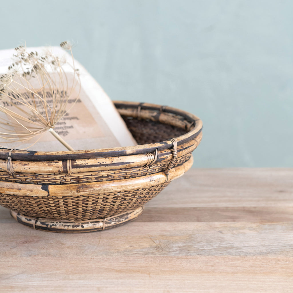 Hand-Woven Vintage Look Bamboo & Rattan Bowl