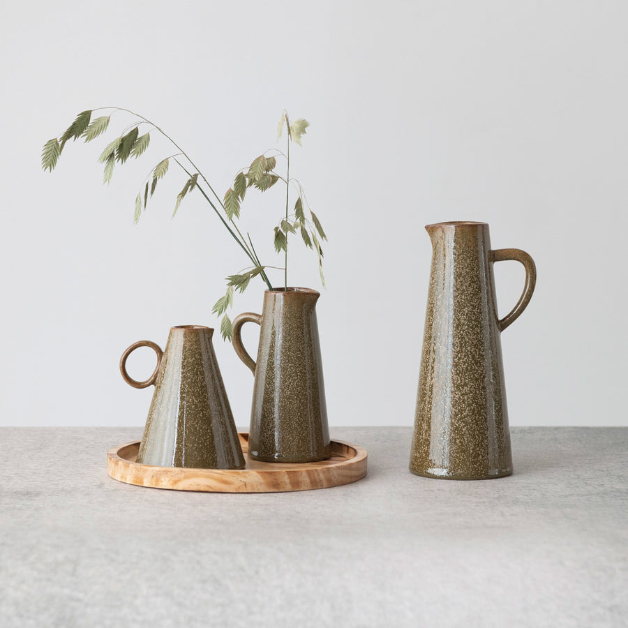 Round Wood Tray w/Stoneware Pitchers