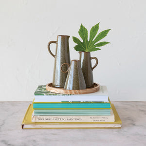 Round Wood Tray w/Stoneware Pitchers