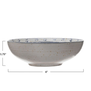 Antique White & Blue Stoneware Bowl w/Debossed Pattern
