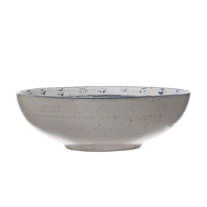 Antique White & Blue Stoneware Bowl w/Debossed Pattern