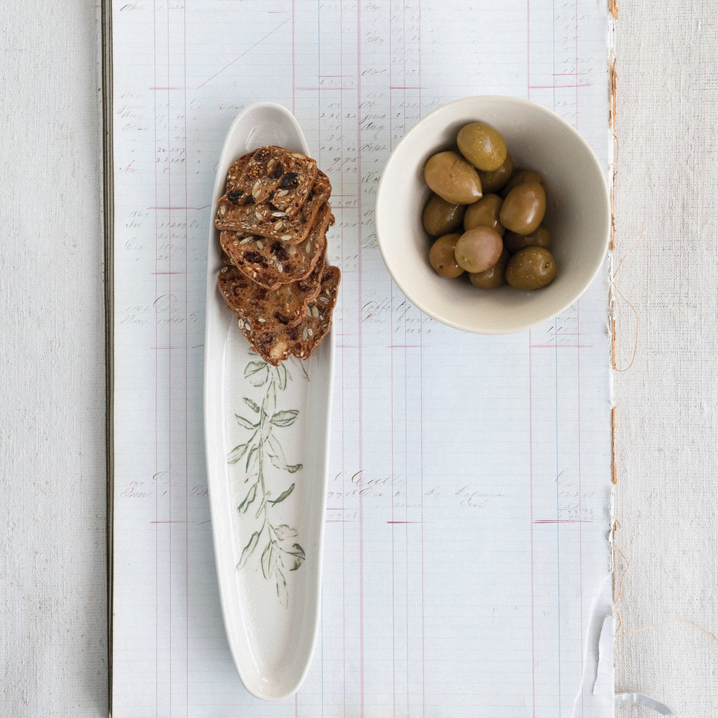 Cream Color & Green Debossed Stoneware Oval Tray w/Botanical Pattern