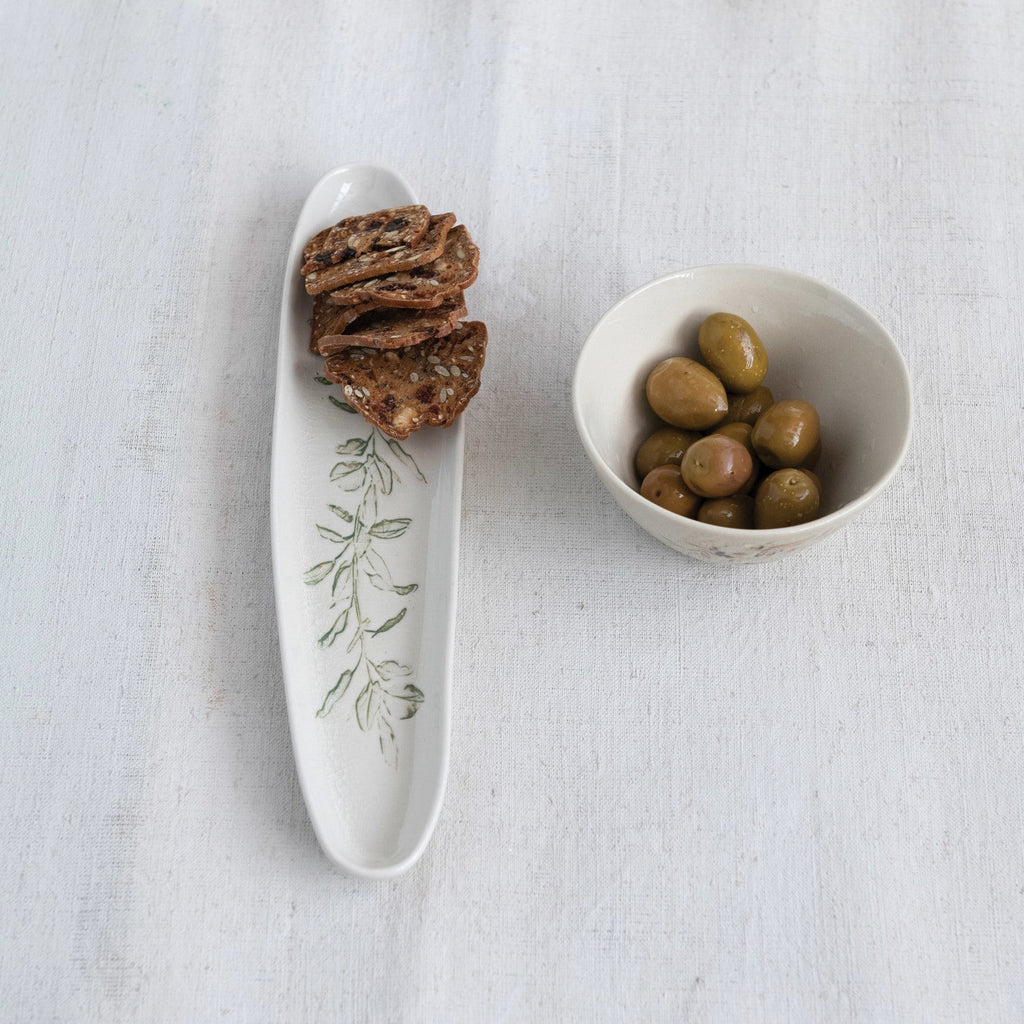 Cream Color & Green Debossed Stoneware Oval Tray w/Botanical Pattern
