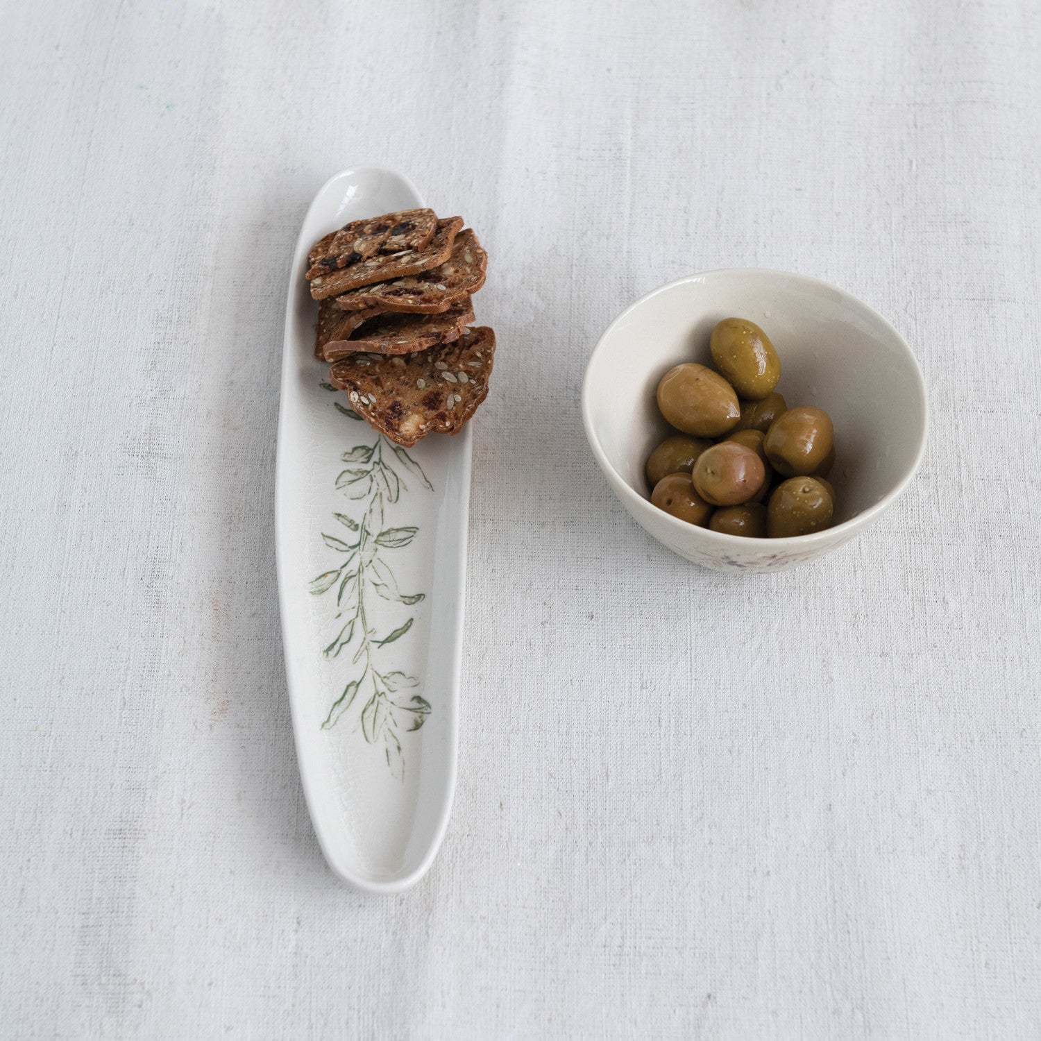 Cream Color & Green Debossed Stoneware Oval Tray w/Botanical Pattern