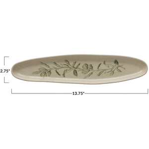 Cream Color & Green Debossed Stoneware Oval Tray w/Botanical Pattern