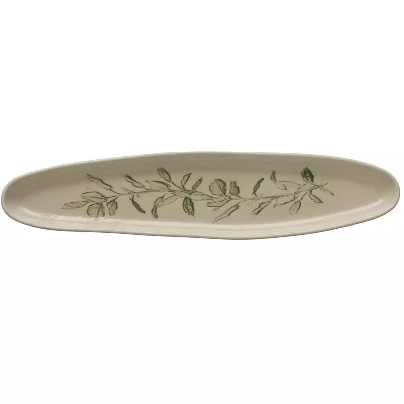Cream Color & Green Debossed Stoneware Oval Tray w/Botanical Pattern