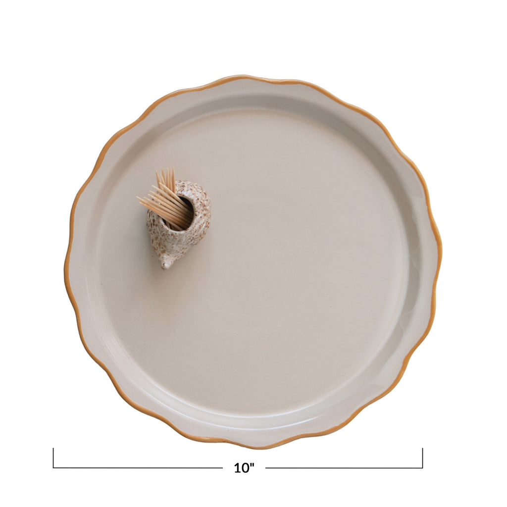 Antique White & Tan Stoneware Plate w/Hedgehog Toothpick Holder
