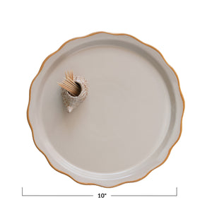 Antique White & Tan Stoneware Plate w/Hedgehog Toothpick Holder