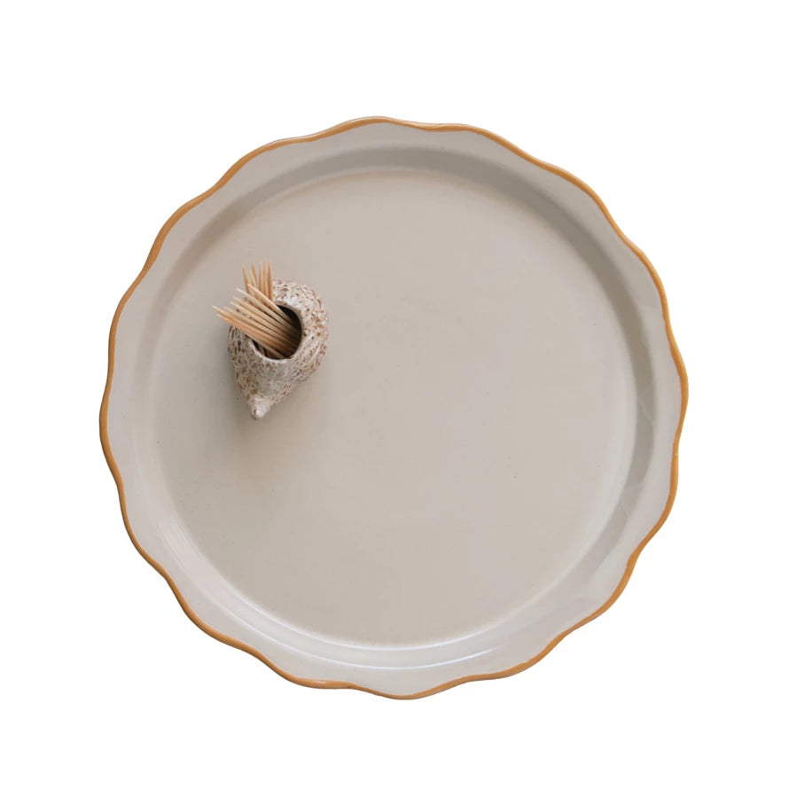 Antique White & Tan Stoneware Plate w/Hedgehog Toothpick Holder