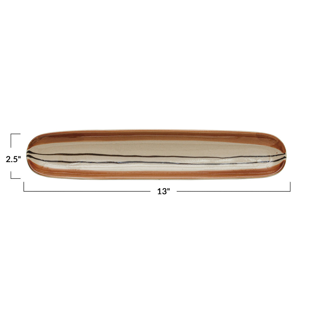 Oval Hand-Painted Brown & Black Stoneware Tray w/Stripes