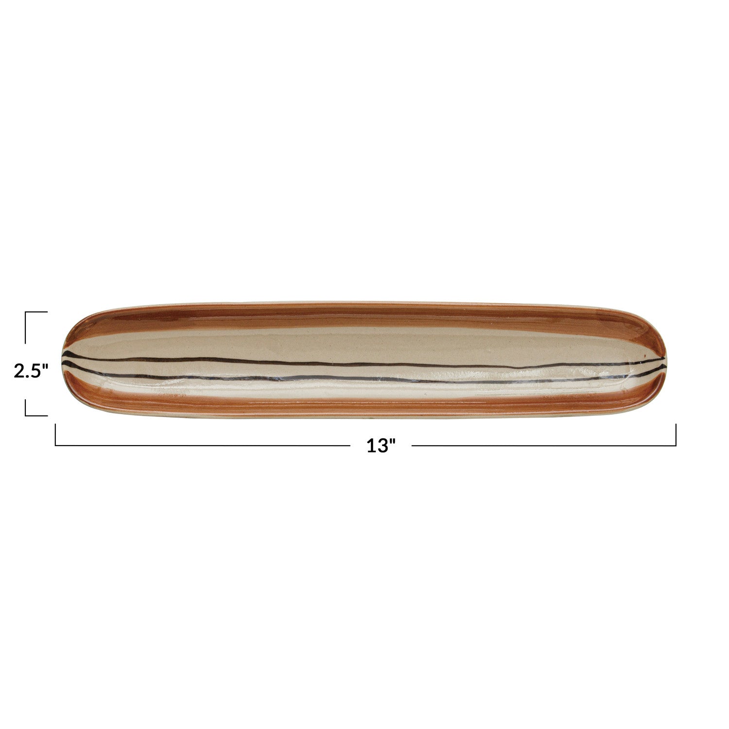 Oval Hand-Painted Brown & Black Stoneware Tray w/Stripes