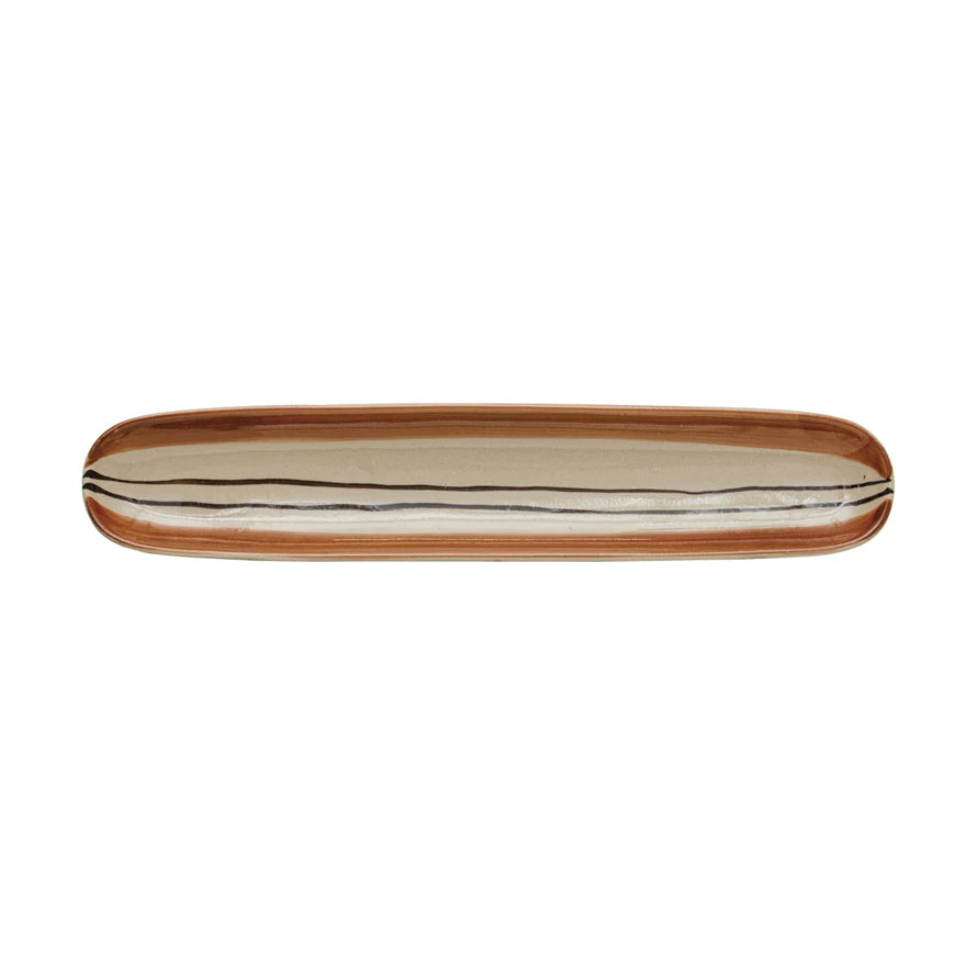 Oval Hand-Painted Brown & Black Stoneware Tray w/Stripes