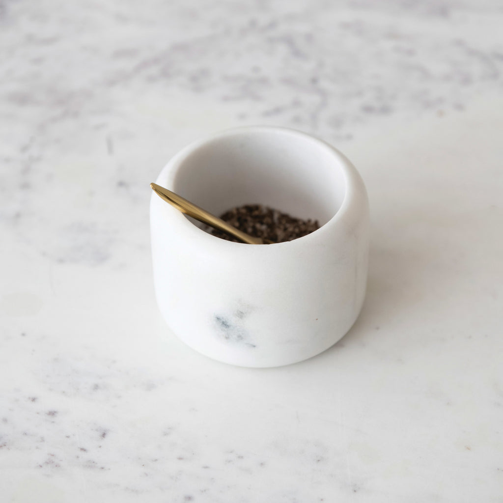 White Marble Pinch Pot w/Brass Spoon