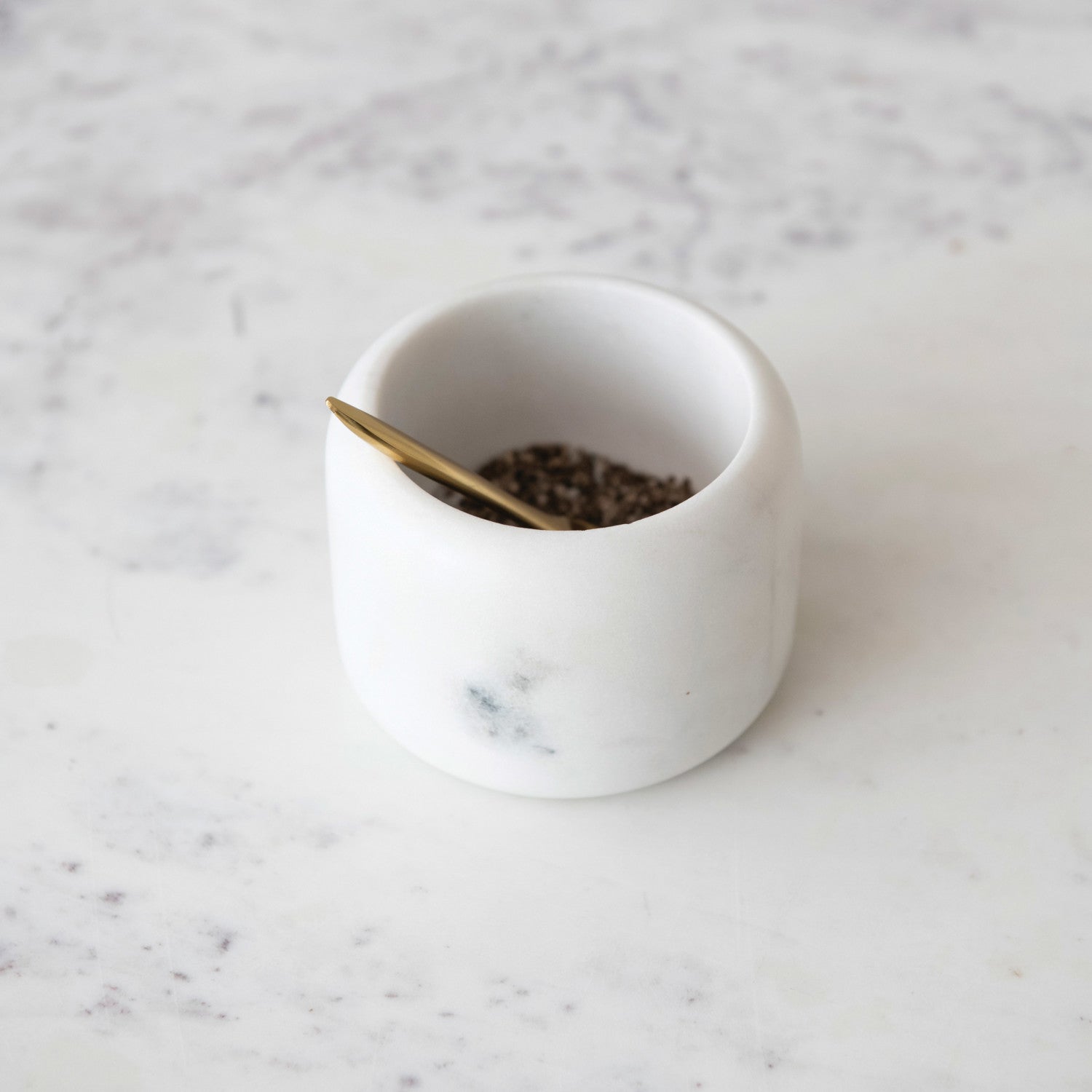 White Marble Pinch Pot w/Brass Spoon