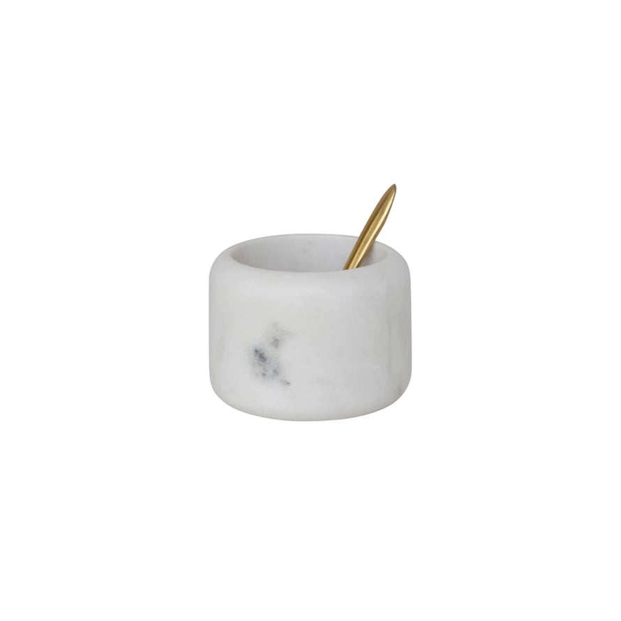 White Marble Pinch Pot w/Brass Spoon