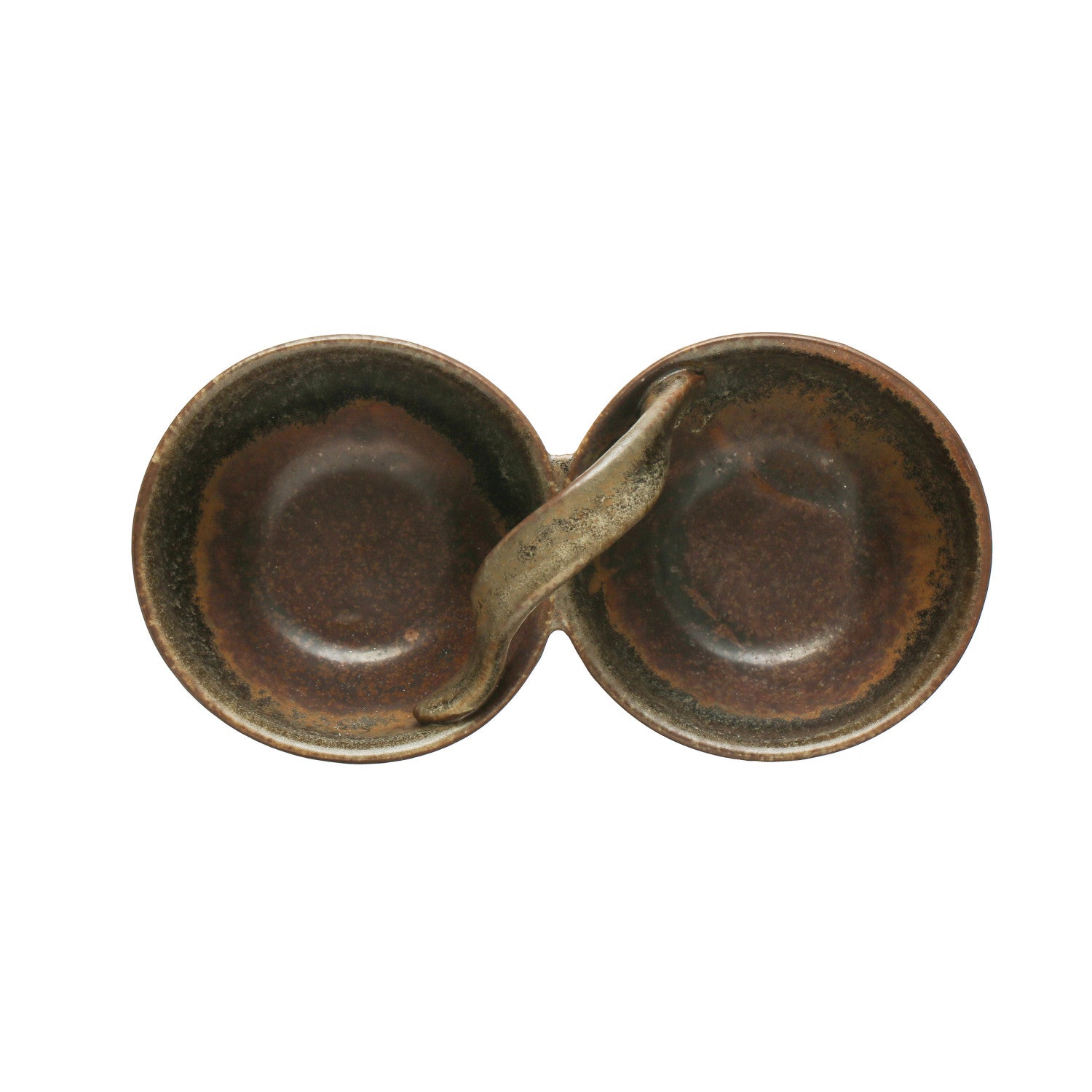 Brown Stoneware Dish w/2 Sections & Handle