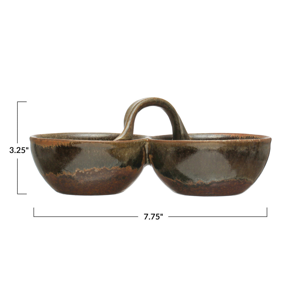Brown Stoneware Dish w/2 Sections & Handle