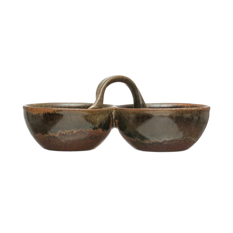 Brown Stoneware Dish w/2 Sections & Handle