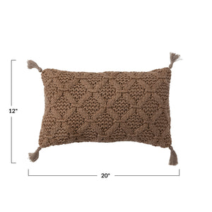Woven Cotton Slub Camel Lumbar Pillow w/Diamond Pattern & Jute Tassels