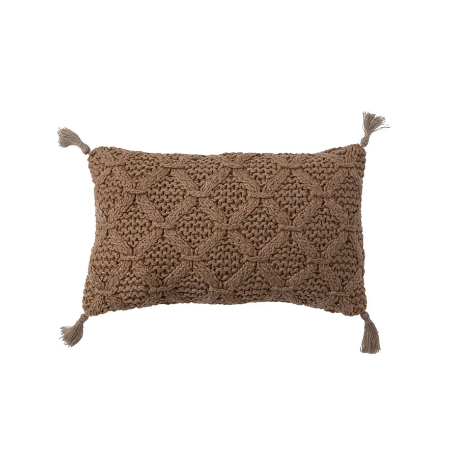 Woven Cotton Slub Camel Lumbar Pillow w/Diamond Pattern & Jute Tassels
