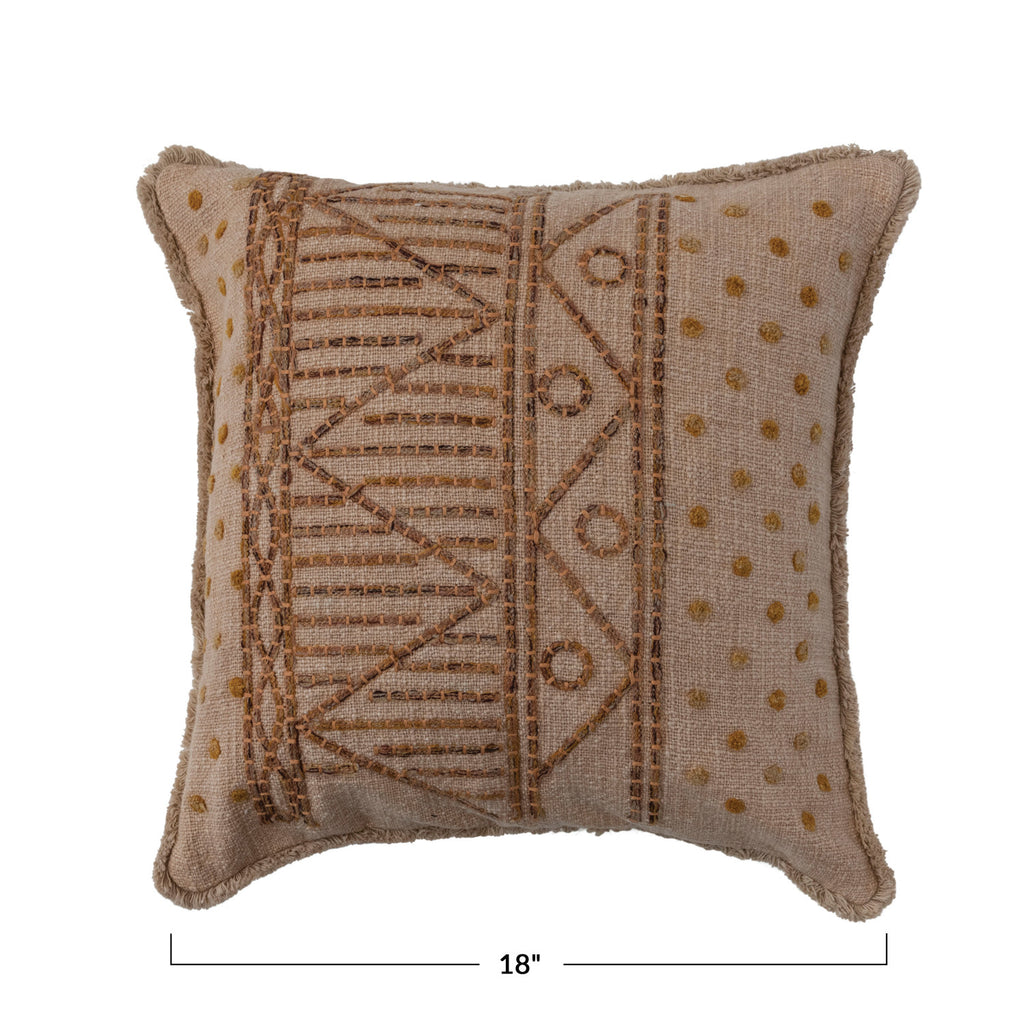 Square Cotton Slub Pillow w/ Embroidered Pattern | Putty & Natural