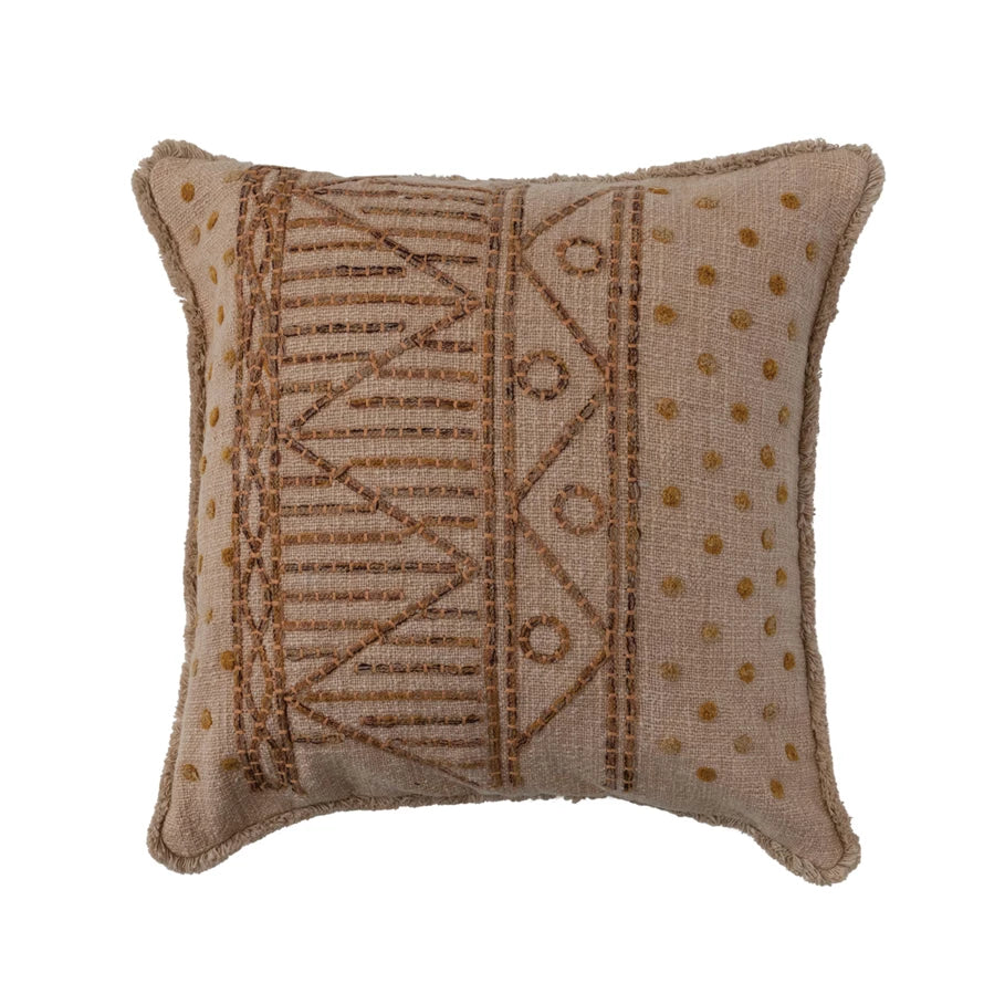 Square Cotton Slub Pillow w/ Embroidered Pattern | Putty & Natural