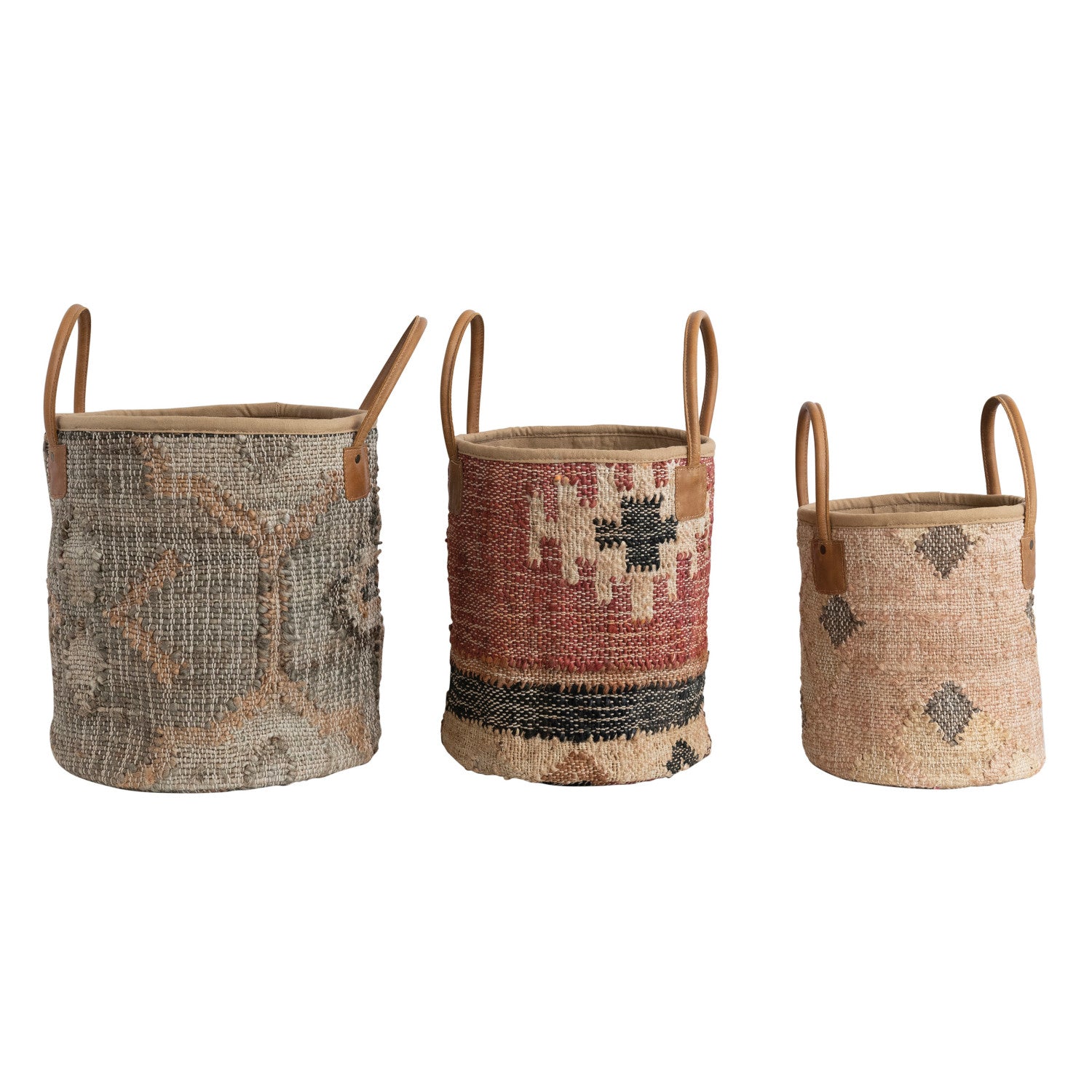 Jute & Cotton Kilim Basket w/Leather Handles