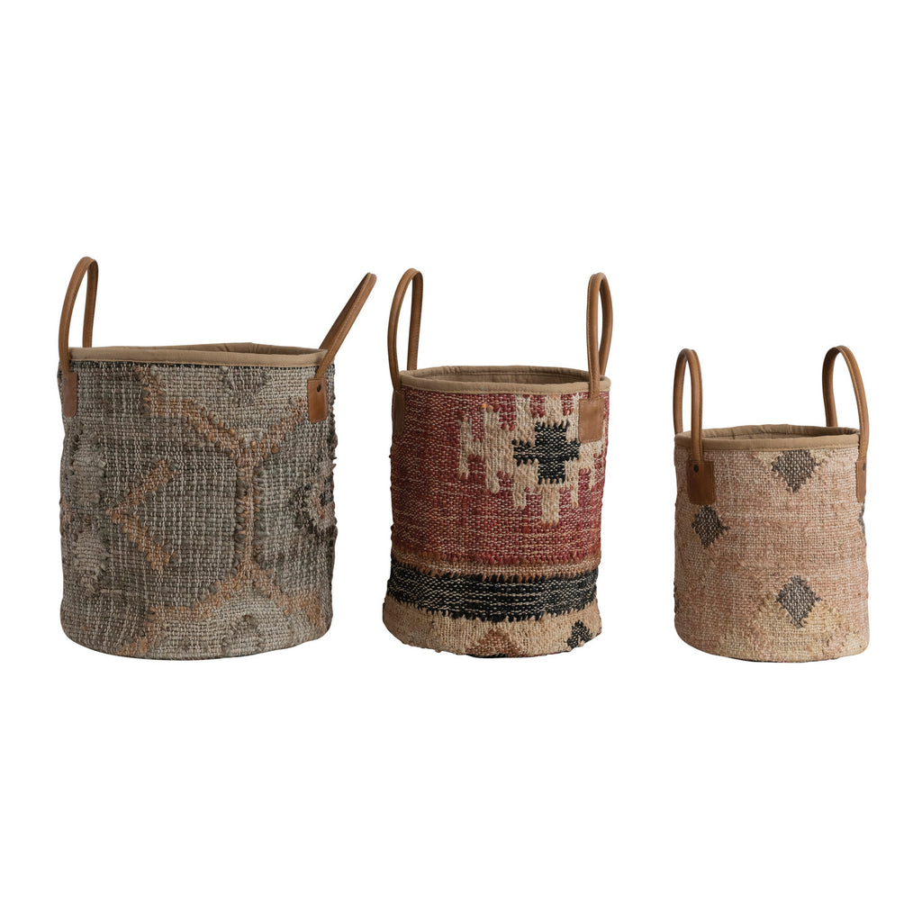 Jute & Cotton Kilim Basket w/Leather Handles