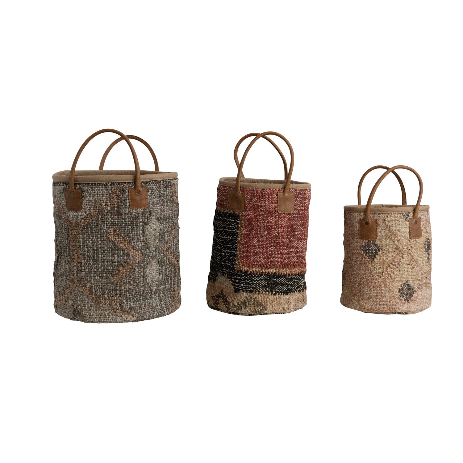 Jute & Cotton Kilim Basket w/Leather Handles