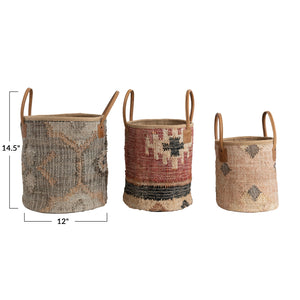 Jute & Cotton Kilim Basket w/Leather Handles