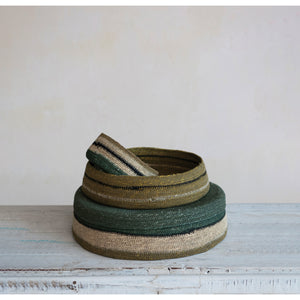 S/3 Decorative Hand-Woven Seagrass Basket | Green + Natural Striped