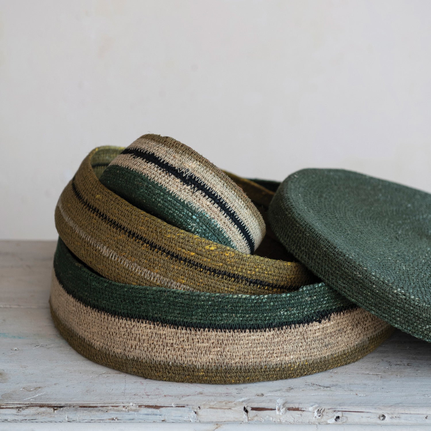 S/3 Decorative Hand-Woven Seagrass Basket | Green + Natural Striped