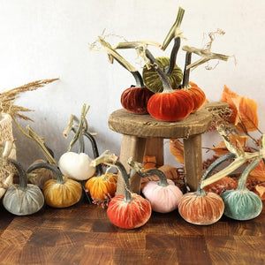 Handmade Silk Velvet Pumpkins w/Natural Stem
