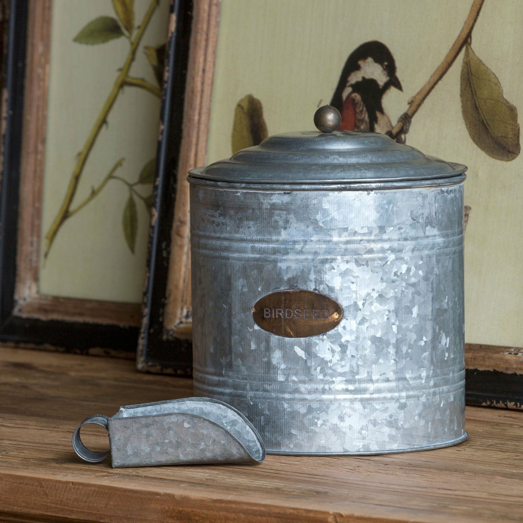 Galvanized Metal Birdseed Canister w/Scoop
